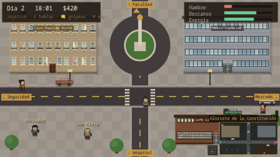 La ciudad de El Mero Abogado, con su glorieta y el minimapa
